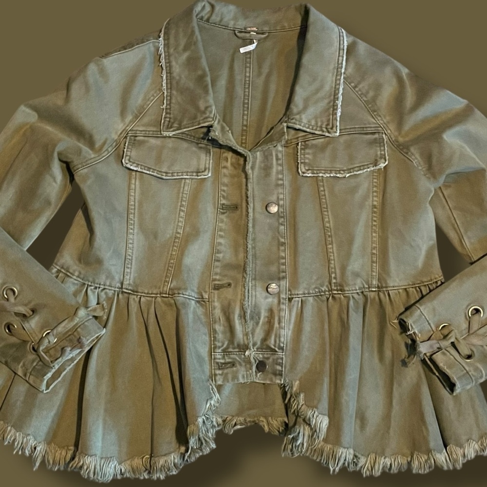 Free People ‘Willow Denim’ Olive Green Peplum Jacket